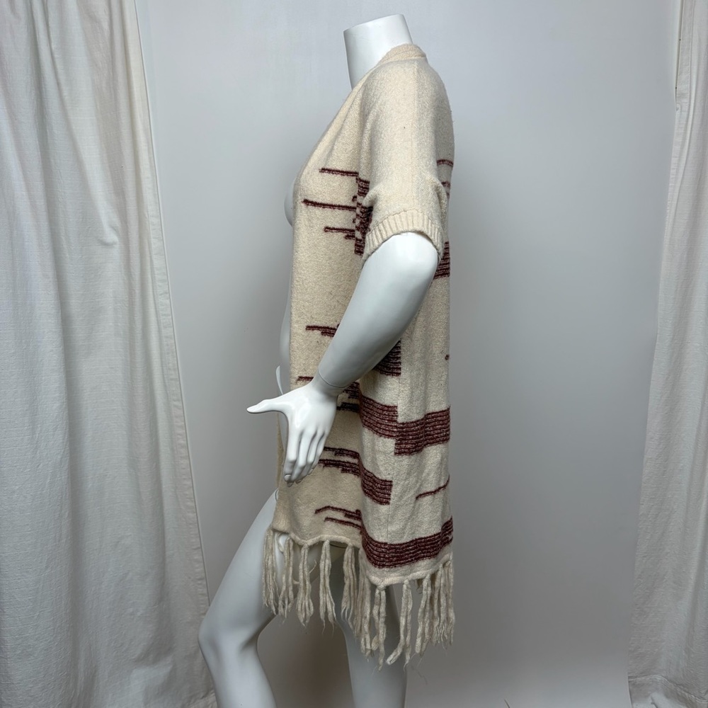 Anthropologie Cream Fringe Open-Front Poncho with Brown Geometric Accents - Picture 4 of 7